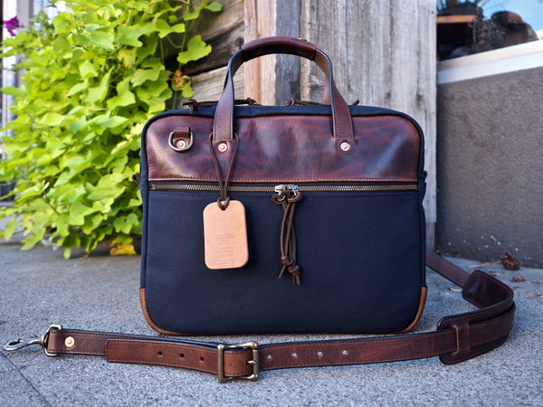 Executive Small Briefcase in Dark Navy Twill/ Dark Snuff Regency Calf