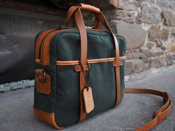 Lux Briefcase in Deep Forest Waxed Canvas/Cognac Auburn