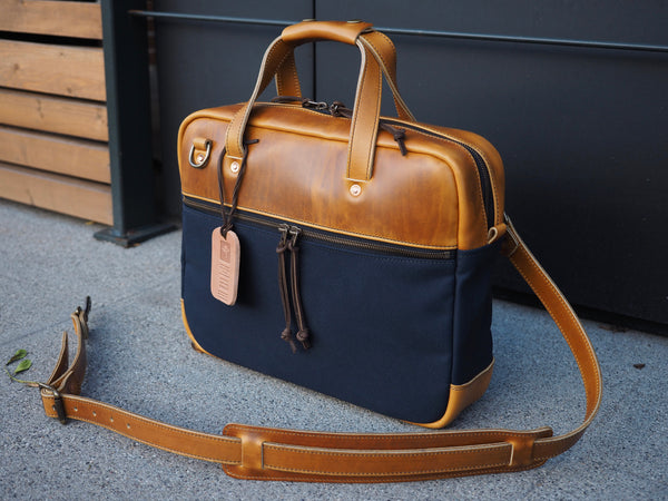 Executive Small Briefcase in Dark Navy Dry Wax Twill/ Harvest Horween Chromexcel