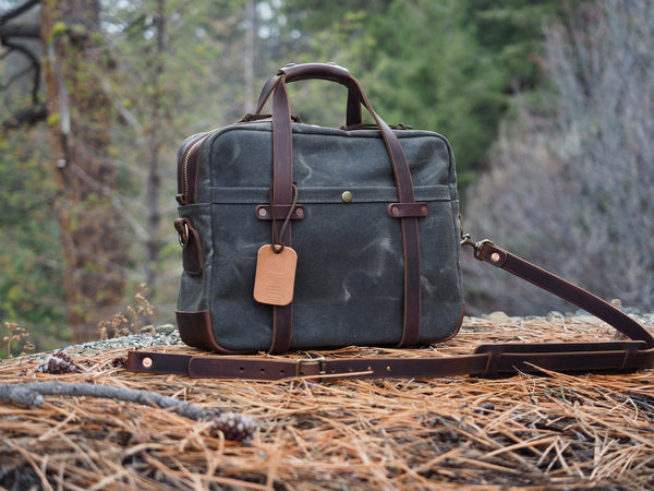 Briefcase in Heavy Olive Waxed Canvas/Urban Brown Phoenix