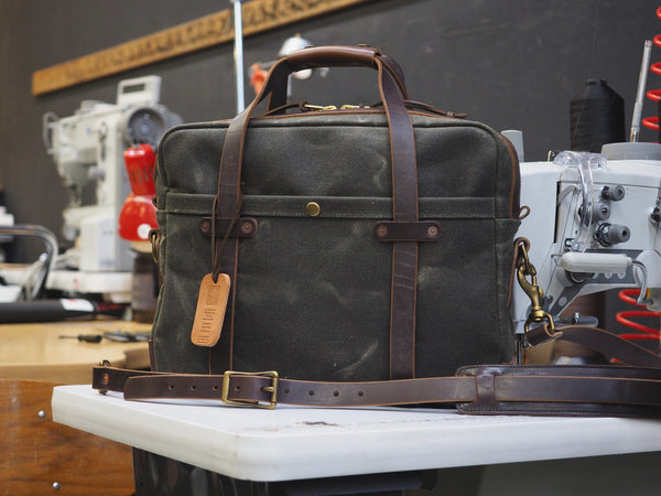 Briefcase in Heavy Olive Waxed Canvas/Brown Chromexcel