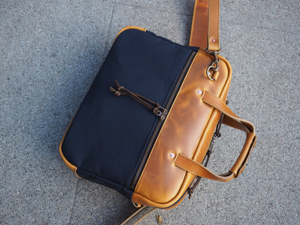 Executive Small Briefcase in Dark Navy Dry Wax Twill/ Harvest Horween Chromexcel