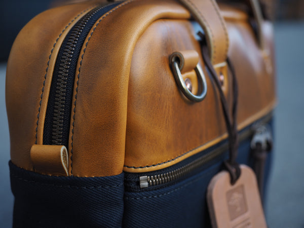 Executive Small Briefcase in Dark Navy Dry Wax Twill/ Harvest