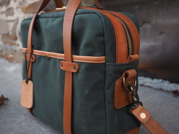 Lux Briefcase in Deep Forest Waxed Canvas/Cognac Auburn
