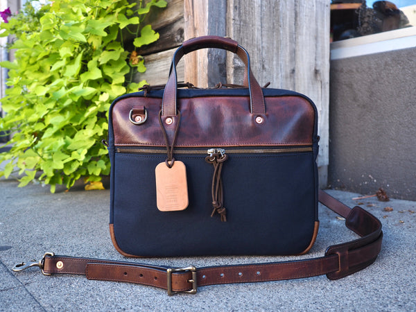 Executive Small Briefcase in Dark Navy Twill/ Dark Snuff Regency Calf