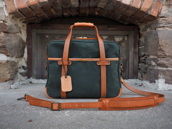 Lux Briefcase in Deep Forest Waxed Canvas/Cognac Auburn