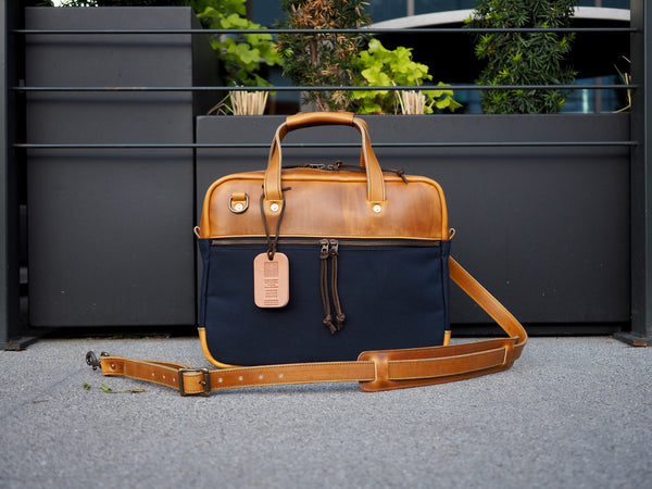 Executive Small Briefcase in Dark Navy Dry Wax Twill/ Harvest Horween Chromexcel